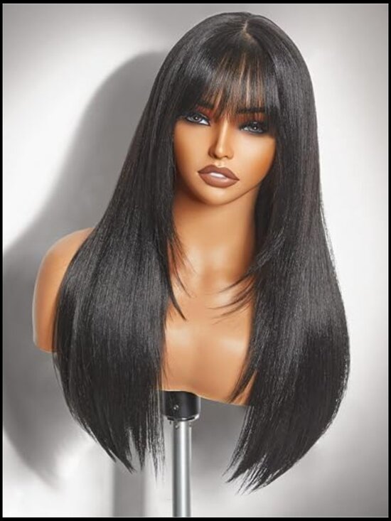 Glueless Wig with Bangs Straight Layered Synthetic Realistic Scalp 24 Inch